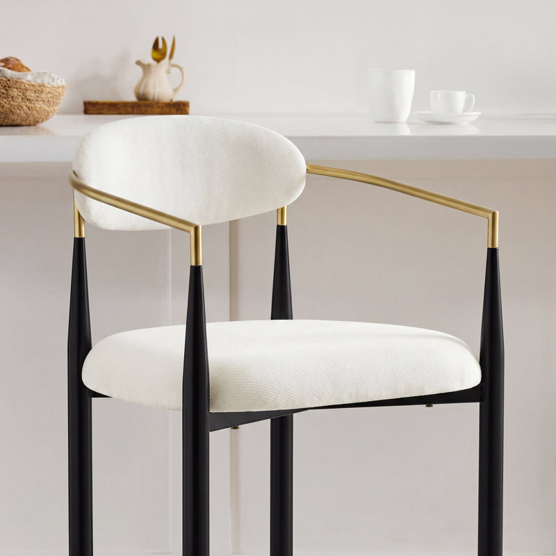Tabouret de bar moderne en chenille avec dossier et structure aux accents dorés, Blanc