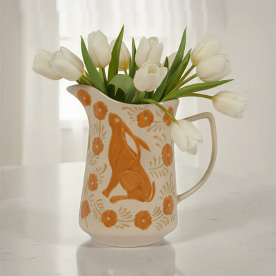 Stoneware Pitcher With Painted Rabbit And Florals