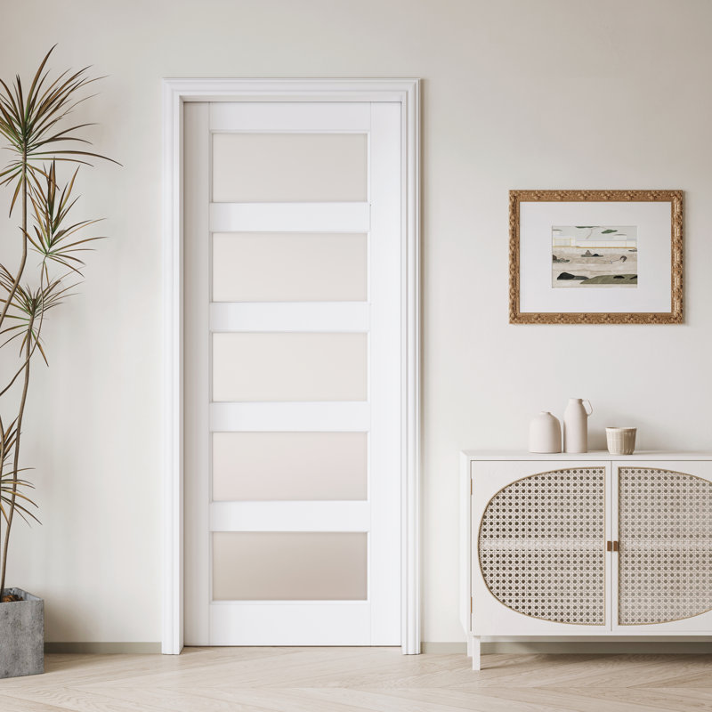 Frosted Glass 5-Lite Sliding Pocket Door White Standard Door with Hardware Kit Set, 32" x 80"