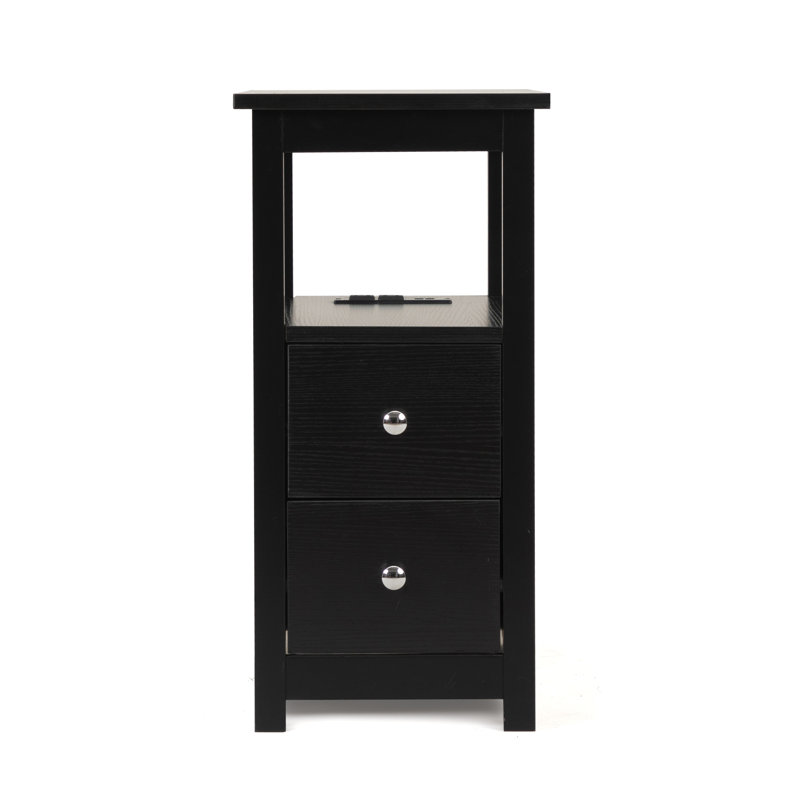Table de chevet avec station de charge et prises de courant - Table d'appoint compacte avec 2 tiroirs pour petits espaces, chambre à coucher ou salon, noir