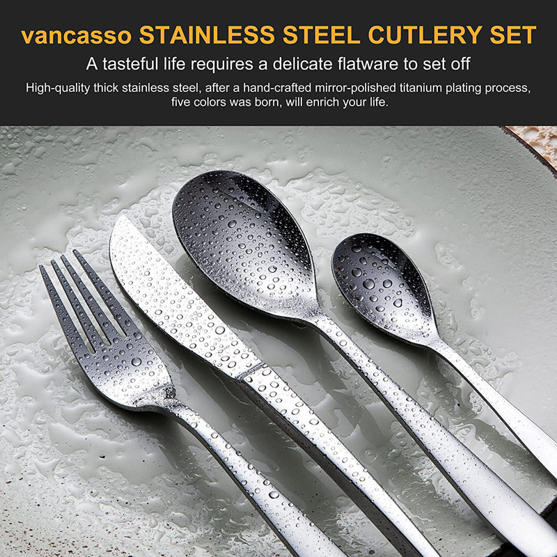 Vancasso VUOTQUIK Black Cutlery Set For 12 People, 48 Piece Tableware Cutlery Set For Home Restaurant Party, Silver