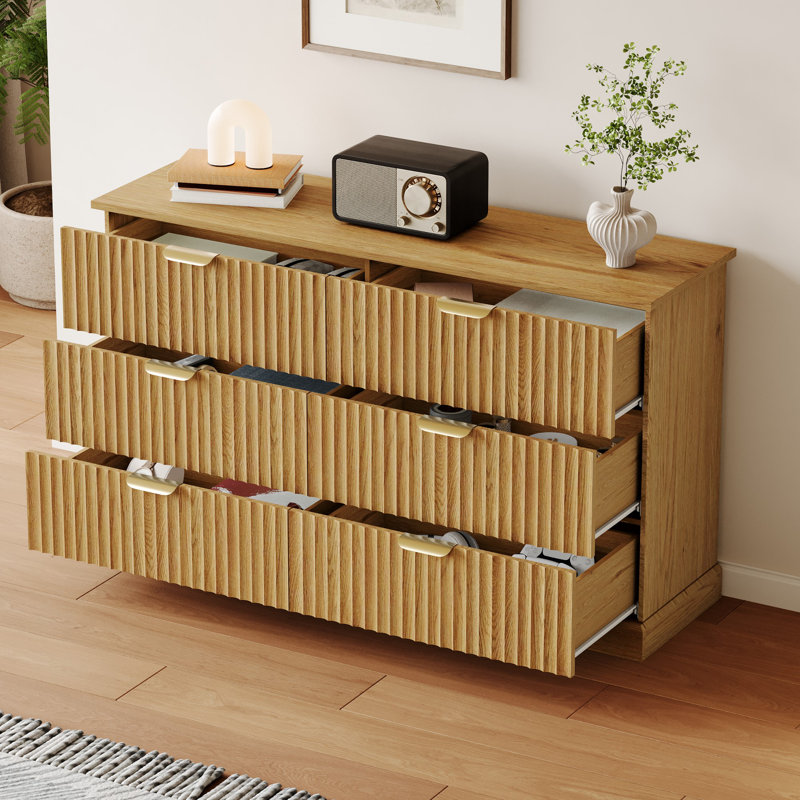 53.1" W 6-Drawer Double Dresser, Fluted Wooden Chest of Drawers with Metal Handle, Natural