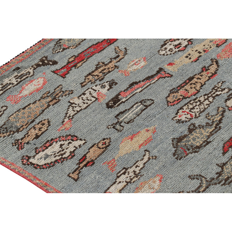 Rug & Kilim’S Mid-Century Style Runner Rug In Blue With Colorful Fish Pictorials, Square 4'