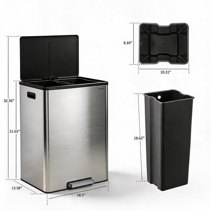 Poubelle de cuisine 10,5 gallons à double compartiment en acier inoxydable, poubelle de recyclage 20 L + 20 L, pédale à fermeture douce, résistante aux empreintes digitales