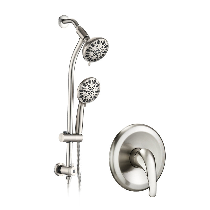 Wall Mounted Dual Shower Head Spa System With Drill- Stainless Steel Rod And Water Feature Sliding 7 Spray Settings