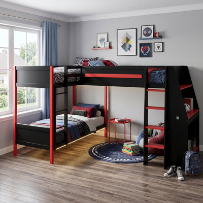L-Shaped Twin Size Bunk Bed With Twin Size Gaming Loft Bed For 3, Built-In Desk, Shelves And LED, Pine Wood+MDF Frame, Black And Red