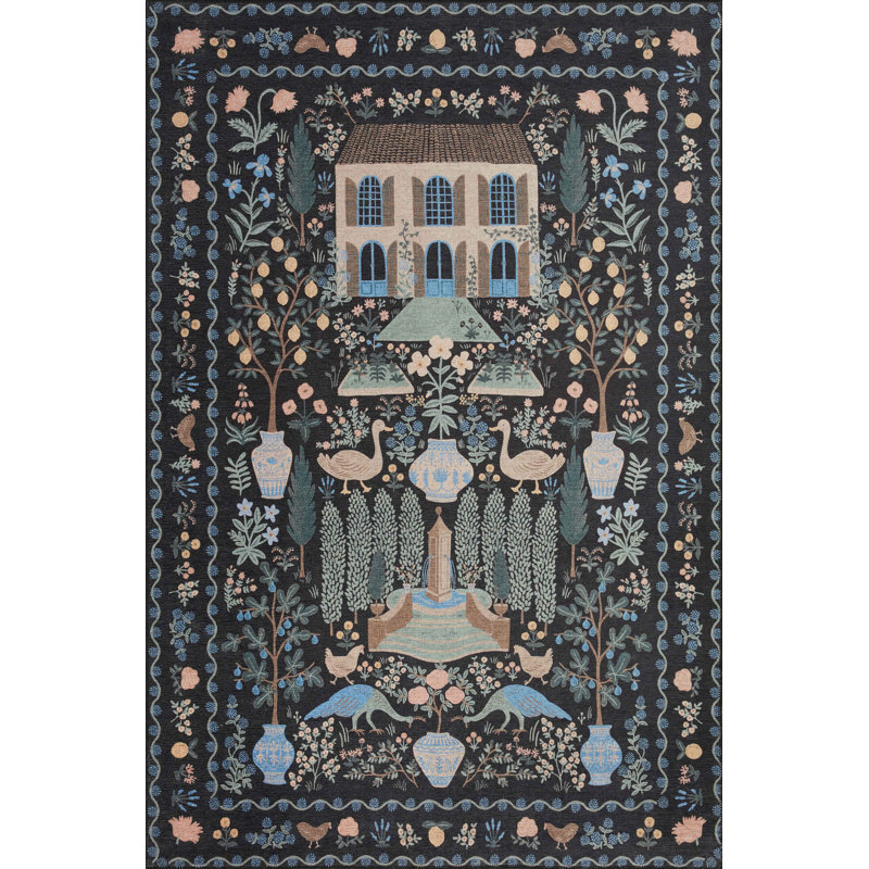Rifle Paper Co. x Loloi Menagerie MEN-03 Camont Black Rug, Square 1'6"