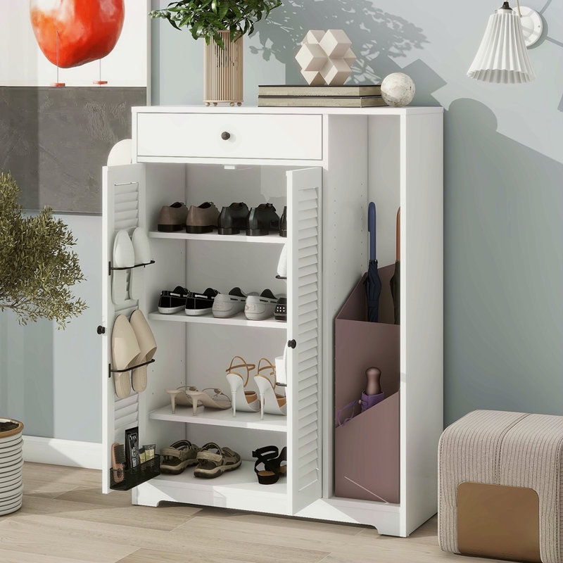 Range-chaussures autoportant avec 2 portes à volets, rangement pour chaussures étroit dans le vestibule avec tablette de rangement réglable et tiroir supérieur, armoire à chaussures moderne et mince