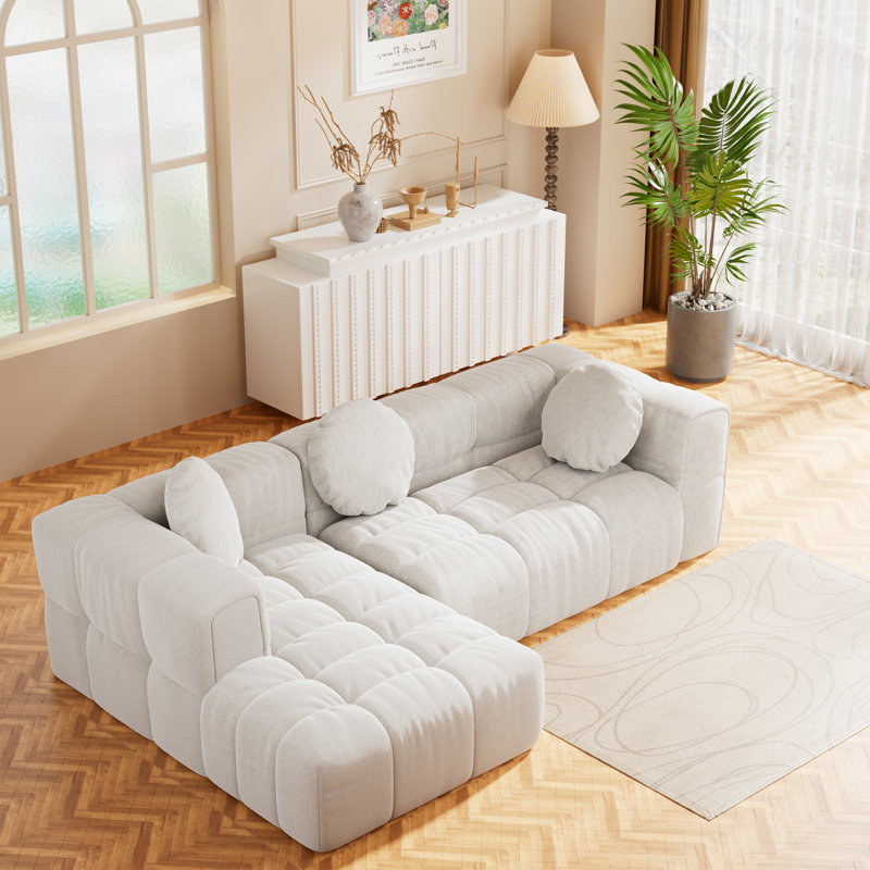 Fully Compressed Modular L-Shaped Sofa Set With Reversible Chaise & Tufted Back, Beige 