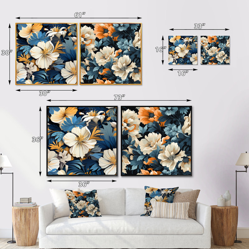 Lylou - Ensemble de 2 collages floraux carrés, H 16 po x l 33 po, Cadre flottant doré