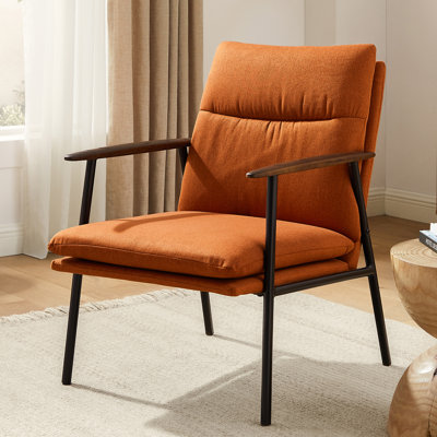 Fabric Upholstered Accent Armchair With Metal Frame And Wooden Armrests
