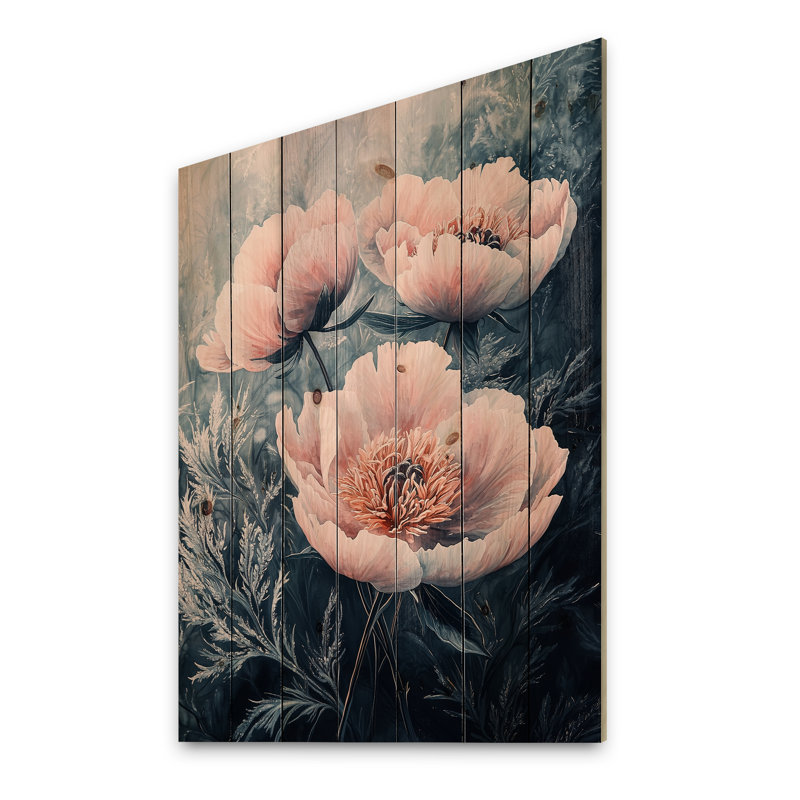 Frosty Field Peonies Elegance III - Peonies Wood Print - On Natural Pine Wood, 44" H x 34" W x 0.78" D
