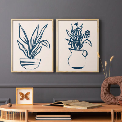 Navy Plant Sketches III-Premium Framed Print -Ready to Hang - No Nails Required - No Nails Required