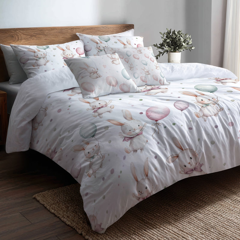 Ensemble de housse de couette animaux pour enfants 3 pièces - ensemble de literie et coussin décoratif Playful Bunny Ballons