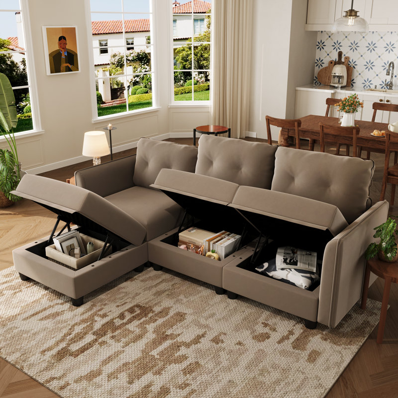 Canapé à accoudoirs courbés avec repose-pieds et rangement 85 po Zendajas, Velours brun clair