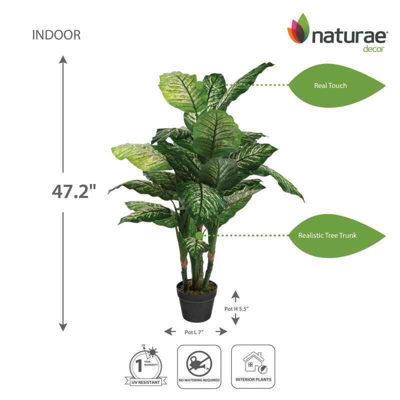 47'' Green Plastic Faux Philodendron Floor Plant in Black Pot
