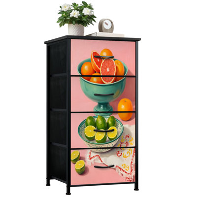 Commode pour la chambre à coucher avec 4 tiroirs de rangement Agrumes Nature morte Langes vertes Bols verts Commodes roses Commode en tissu avec cadre en acier pour vestibule
