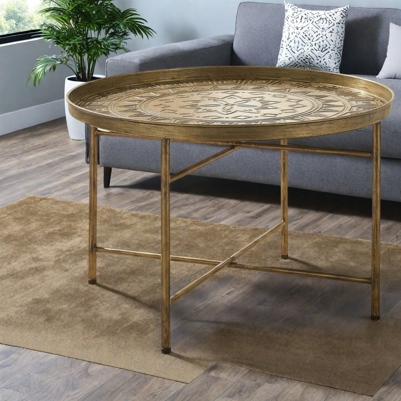 Modern Gold End Tables, 24 Inch Metal Round Hammered Table for Home