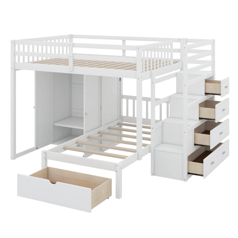 Jeroline Full Over Twin Bunk Bed with Wardrobe, Drawers, White