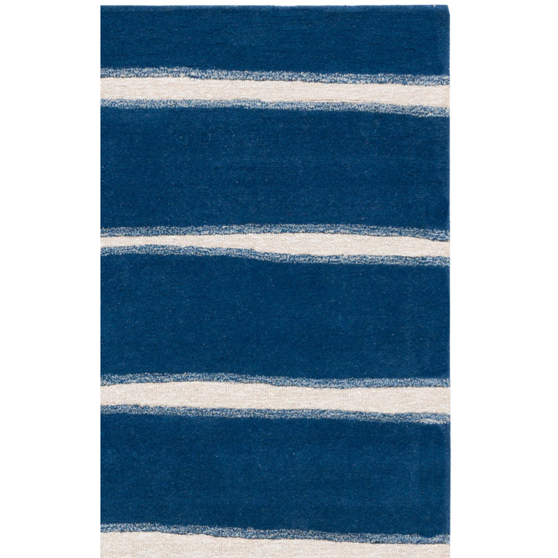 Tapis bleu marine en laine / viscose touffeté à la main à rayures Gonde, Rectangle 4pi x 6 pi
