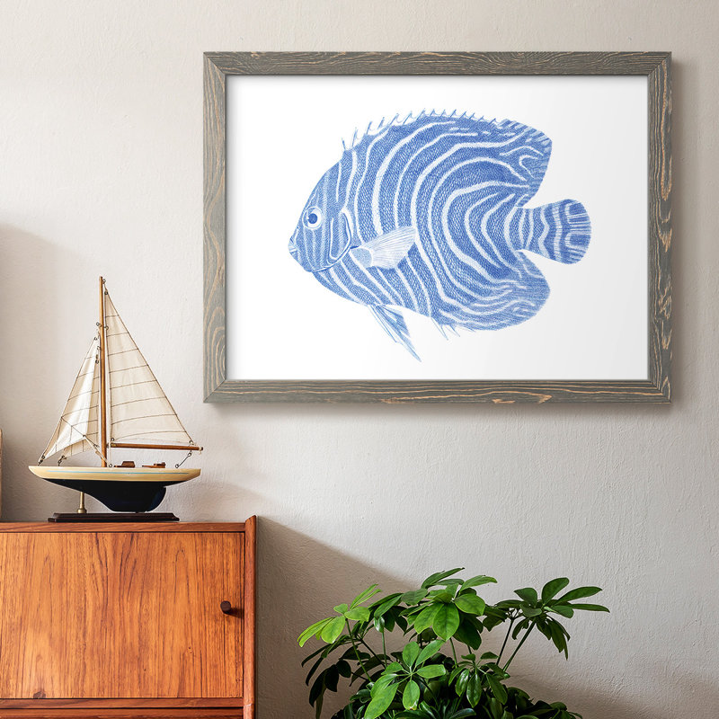 «Blue & White Tropical Fish II», reproduction d'art sur toile, Encadré gris, H 28 po x l 42 po x P 1,5 po