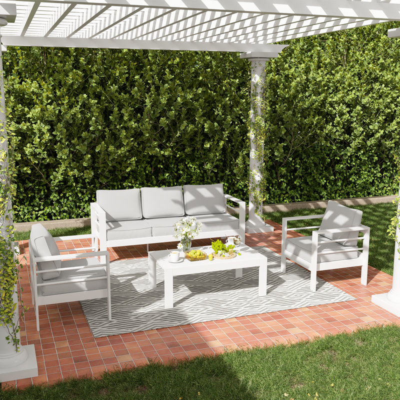 5 - Person Patio Conversation Set with Cushions, White, Light Gray
