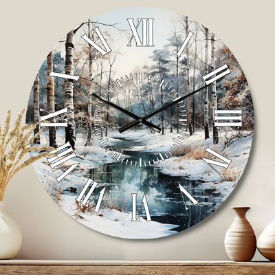 Rivière en forêt, paysage d'hiver - horloge murale