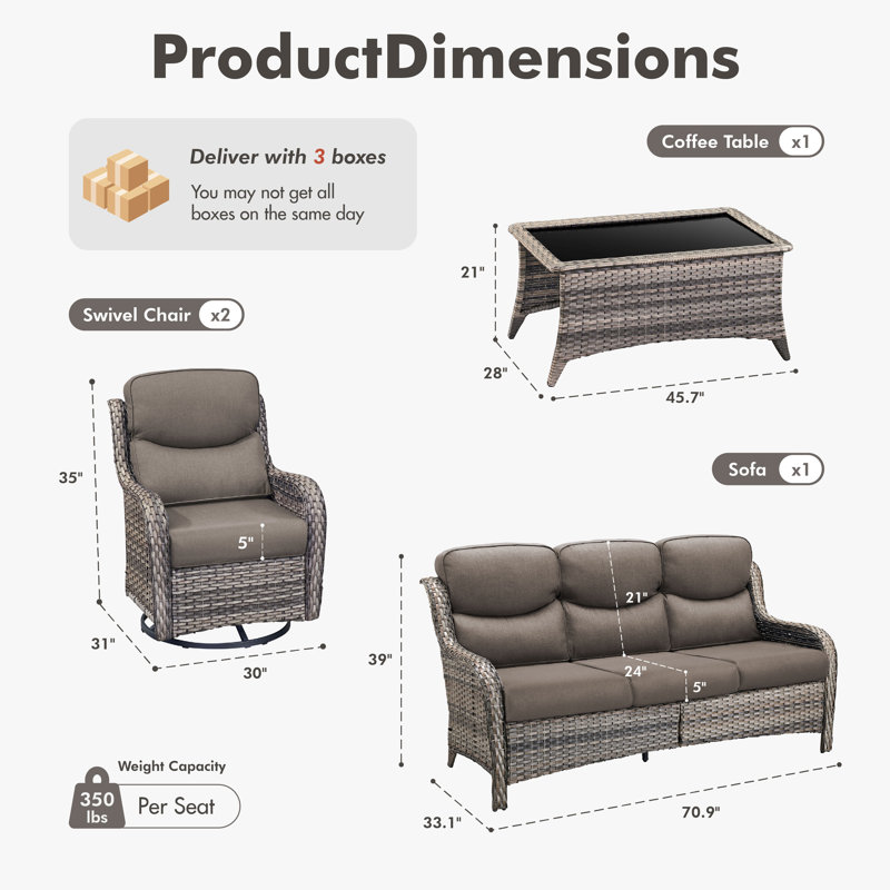 5 - Person Handwoven Wicker Patio Conversation Set With Swivel Glider Chairs, 5" Olefin Cushions, Gray, Gray