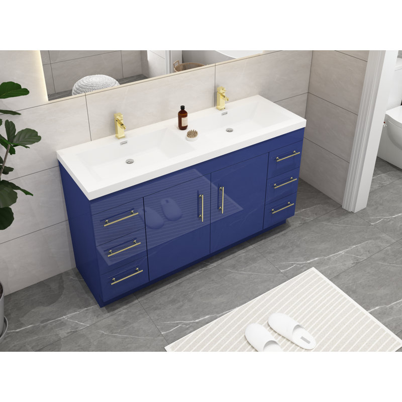 Ensemble de meuble-lavabo double 60 po Carliss, Bleu nuit brillant, Argent