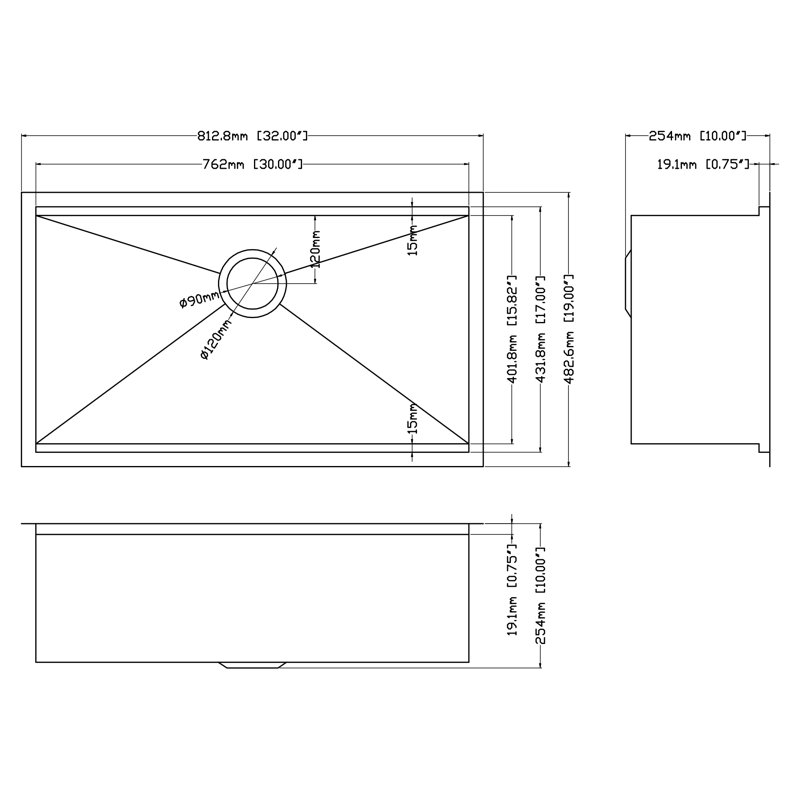 Undermount Kitchen Sink, 32" L x 19" W