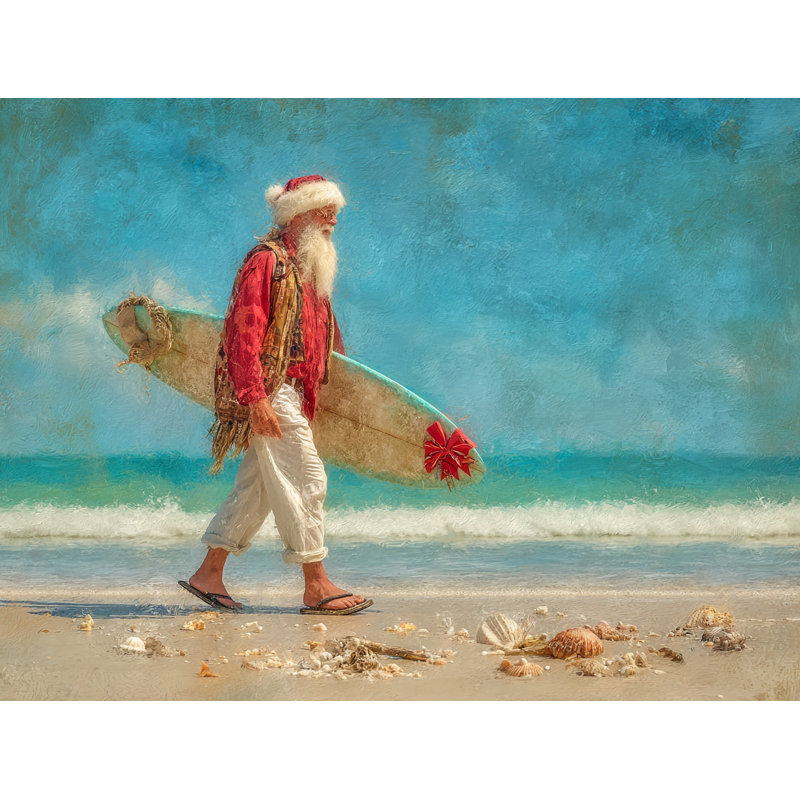 «Beach Santa Walk with Surfboard», art mural sur toile tendue, H 36 po x l 48 po