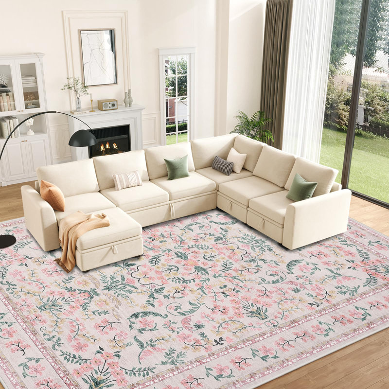 Washable Area Rug, 9x12 Boho Floral Soft Rugs for Living Room, Non Slip Low Pile Carpet for Bedroom, Dining Room, Nursery, Hallway, Pink