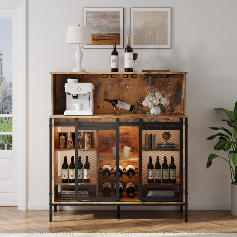 Buffet de 41,5 po de largeur avec portes de grange coulissantes en métal; armoire à vin avec porte-bouteilles; armoire à café avec lumières DEL réglables; armoire à buffet avec tablettes réglables