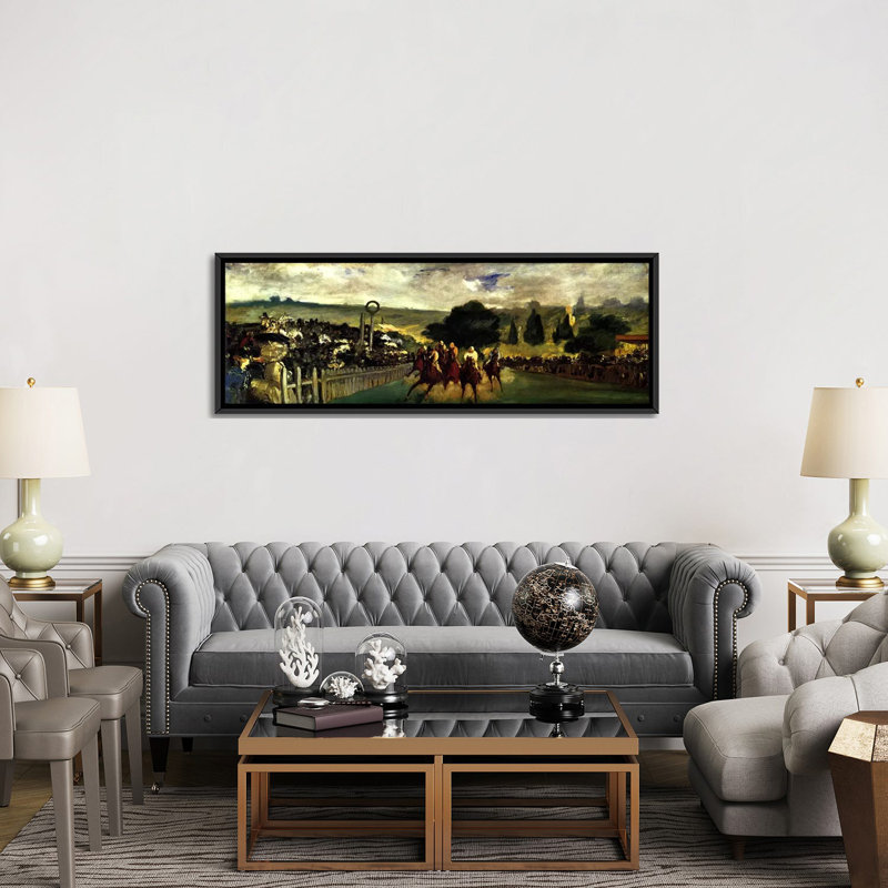 Reproduction d'art sur toile, "Races at Longchamp" par Edward Manet, H 12 po x l 36 po x P 1,5 po, Cadre noir
