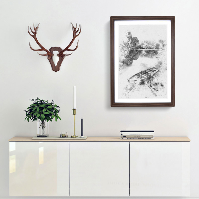 Docked Rowing Boat In The Mountains Watercolour - Picture Frame Graphic Art, Walnut Framed, 87cm H x 62cm W x 2cm D