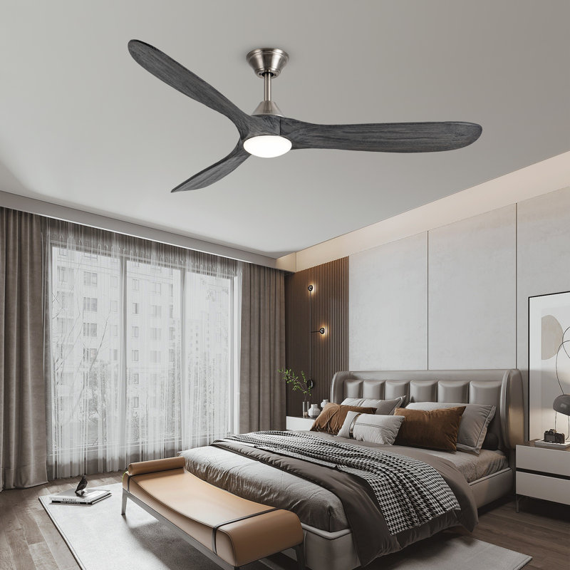 3 Blade Gray Solid Wood Ceiling Fan With Light And Remote Control, 52'' Wide