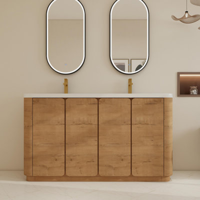 Ensemble meuble-lavabo double autoportant de 60 pouces avec lavabo en résine et tablettes ajustables