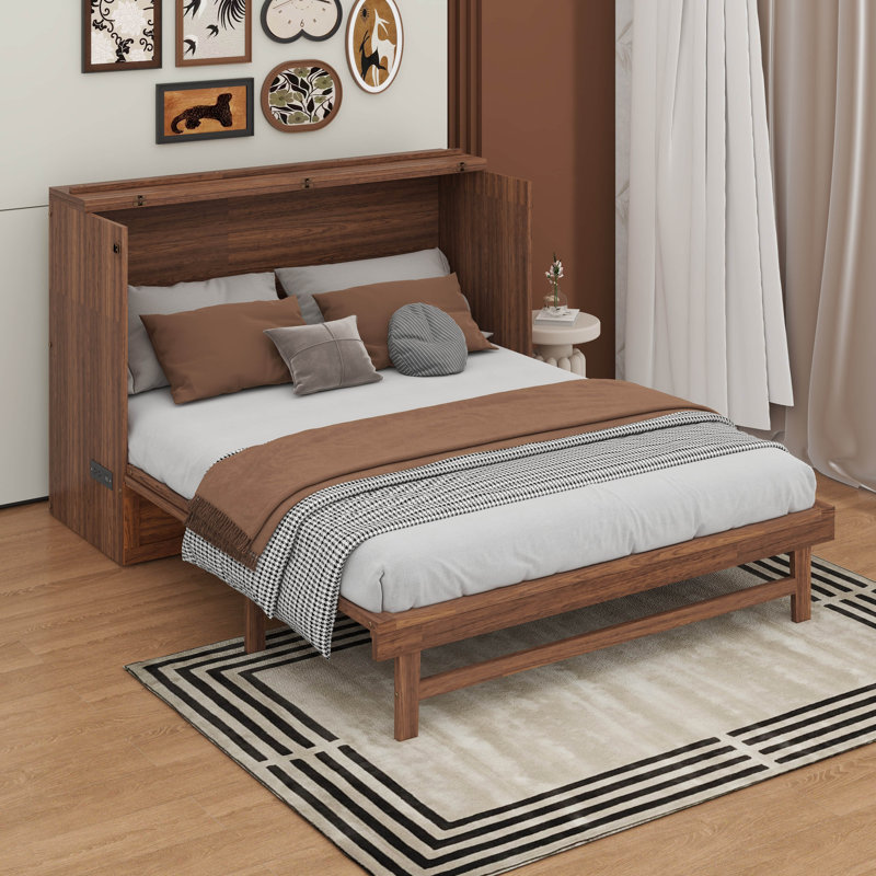 Grand lit escamotable, armoire-lit en bois de pin avec centrale électrique et panneau de décoration en rotin, Noyer