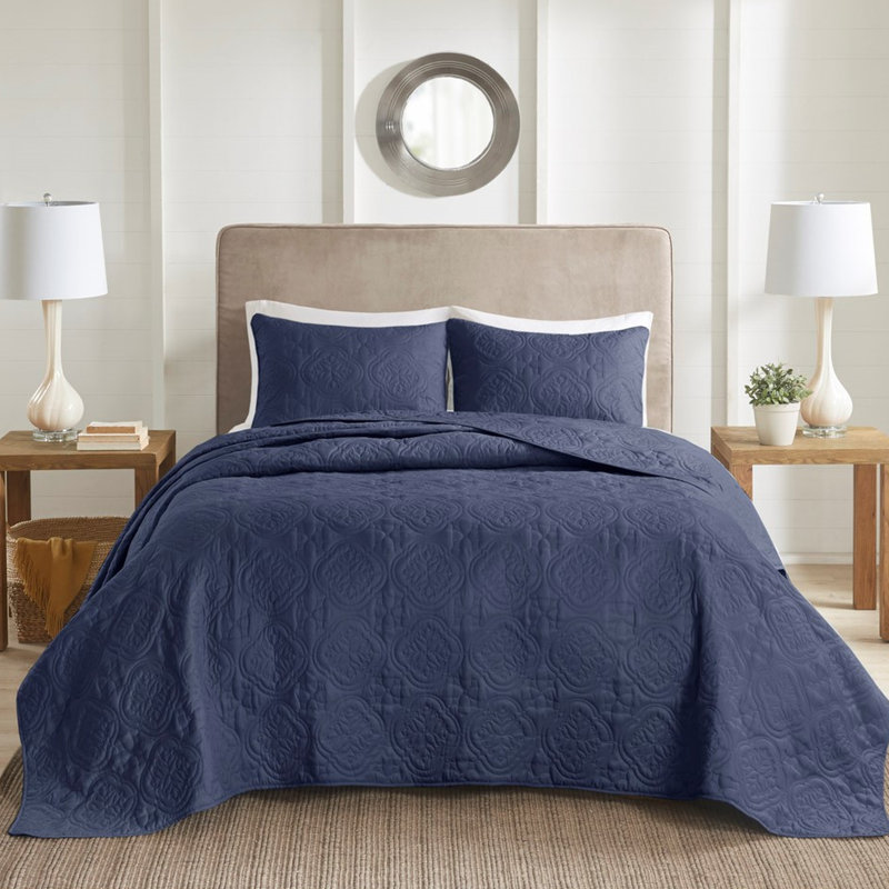 Ensemble de couvre-lit 3 pièces double / grand bleu marine - Microfibre et rembourrage, motif de médaillon, lavable à la machine, style réversible tactile, serbe