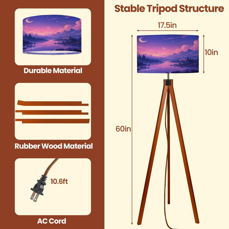  Lampe sur pied à trépied Magical Twilight Landscape River Mountains Crescent Moon