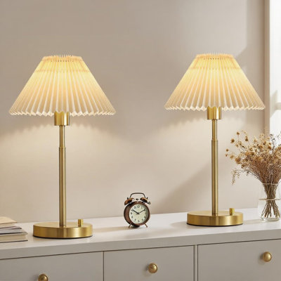 Set Of 2 Dimmable Bedside Table Lamps With USB A & C Charging Ports, Modern Metal And Pleated Fabric Shade Gold Desk Lamp For Bedroom, Office, Living Room, And Reading