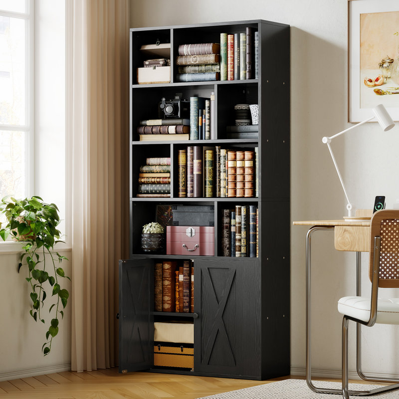 Bookcase 6 Tiers with Doors and Cube Storage for Home Office, Black