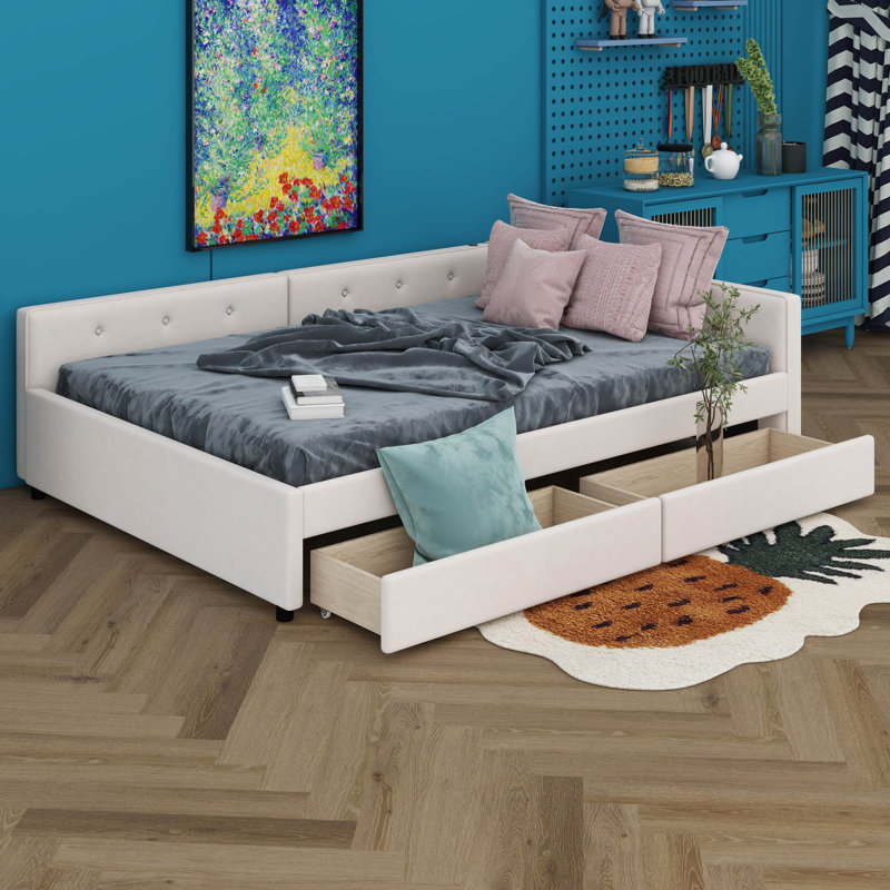 Upholstered Platform Bed With USB And 2 Drawers, Linen Upholstered Daybed, No Box Spring Needed, Full