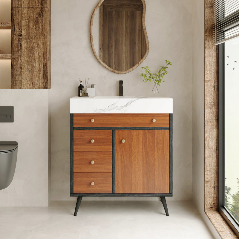 Meuble-lavabo autoportant moderne avec lavabo en céramique et plateau en pierre frittée, White