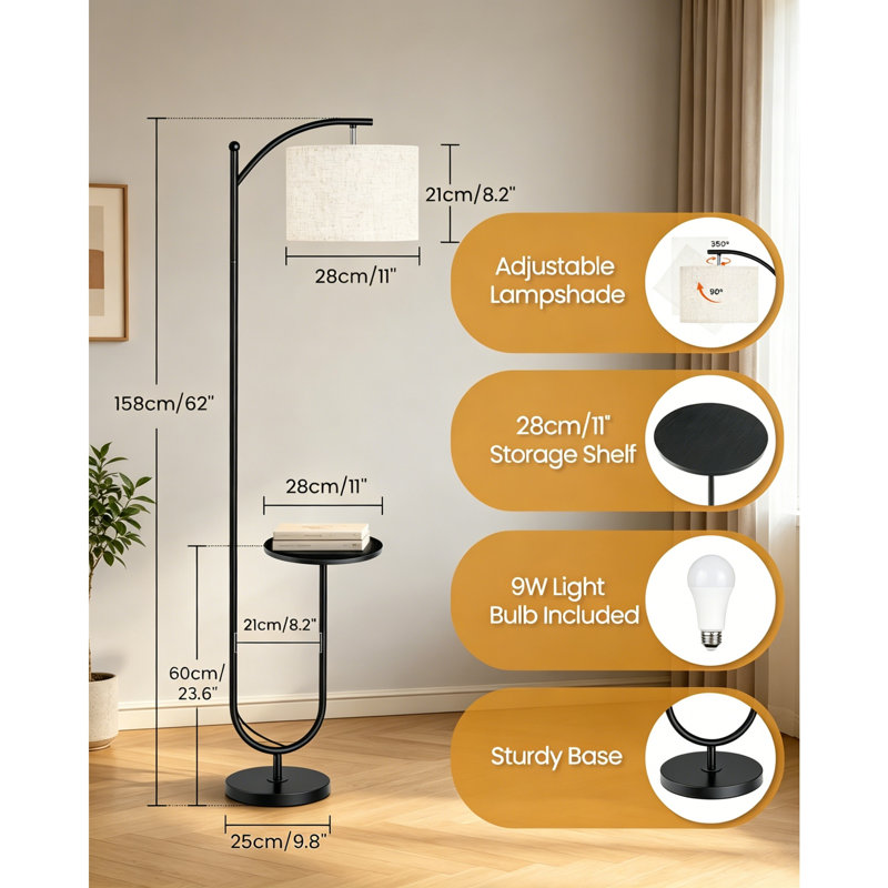 Black & Beige Floor Lamp with Storage Shelf, 3 Color Temperatures, Memory Function & Adjustable Lamp Head, Natural Linen Shade, Foot Switch Control for Living Room Bedroom