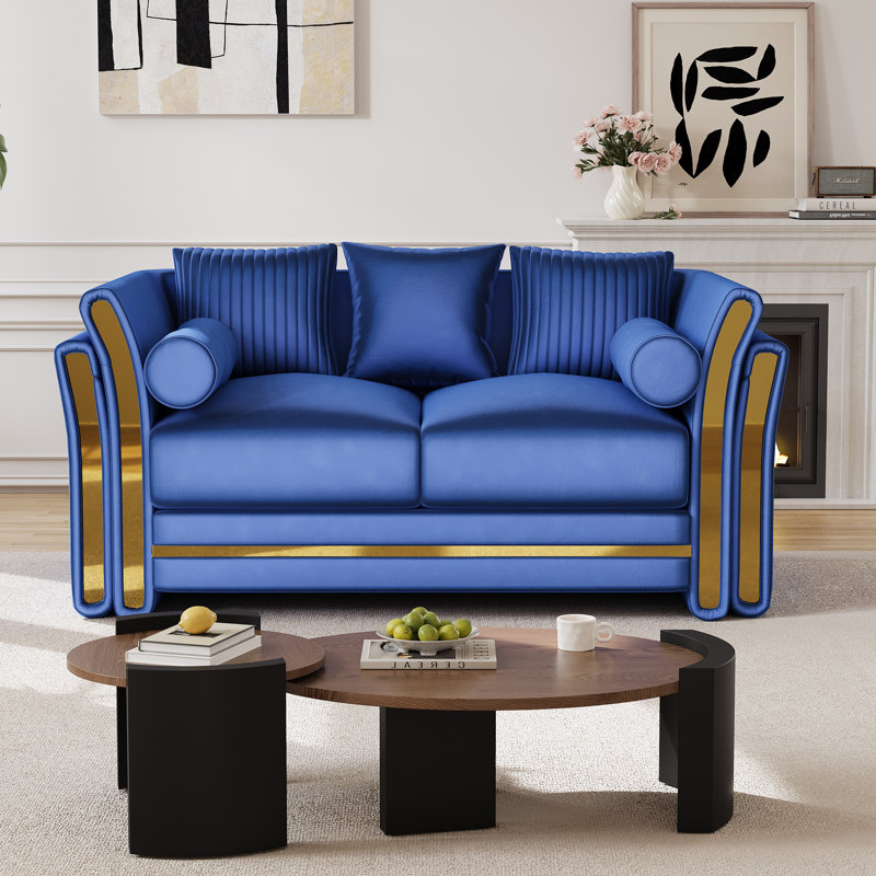 Causeuse moderne de 62 po avec accoudoirs à garniture dorée double couche, Bleu, H 33 po x l 62 po x P 35 po