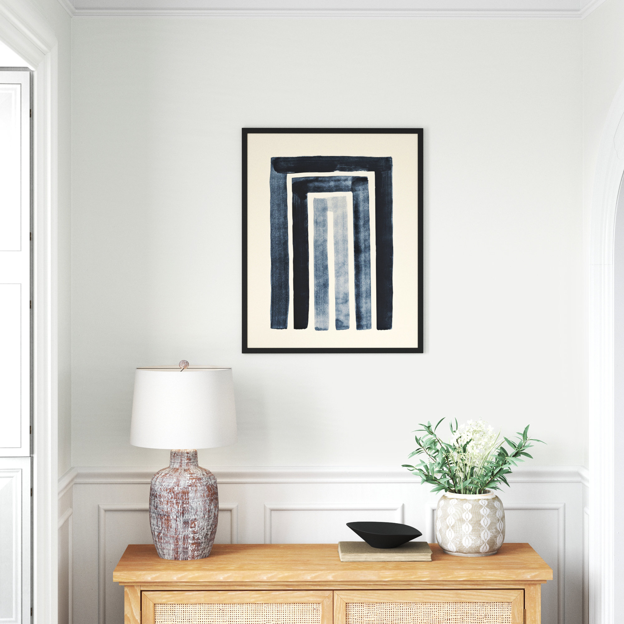 Mid Century Modern Abstract Rainbow Indigo Beige by The Creative Bunch Studio, 41" H x 33" W, Black Framed