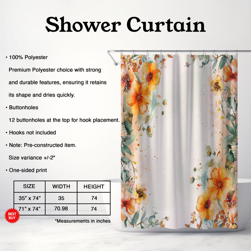 Doux motifs de fleurs - Rideau de douche standard 1 pièce, H 74 po x l 71 po