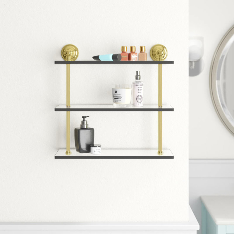 Freyja 3 Piece Glass with Towel Bar, Satin Brass, 16" H x 16" W x 5.54" D