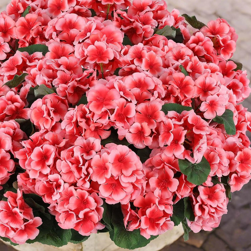 Paquet de 6 fleurs de géranium artificielles pêche - Faux plantes d'extérieur résistantes aux rayons UV